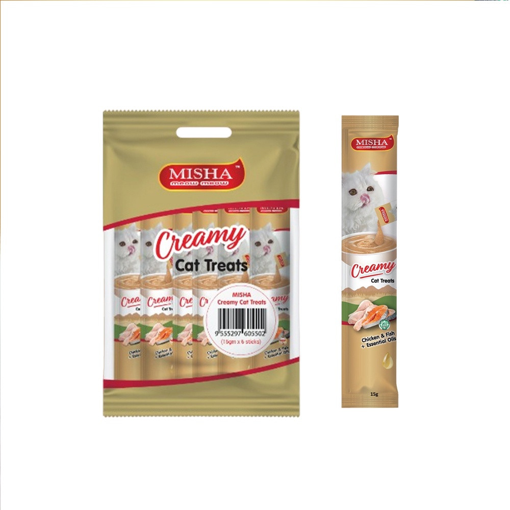 MISHA Creamy Cat Treats Chicken & Fish, Essentials Oil (15g x 6 sticks)